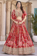 Red Chinon Silk Lehenga Choli For Indian & Pakistani Wedding Festival - Print Work, Dori Work, Zari Work