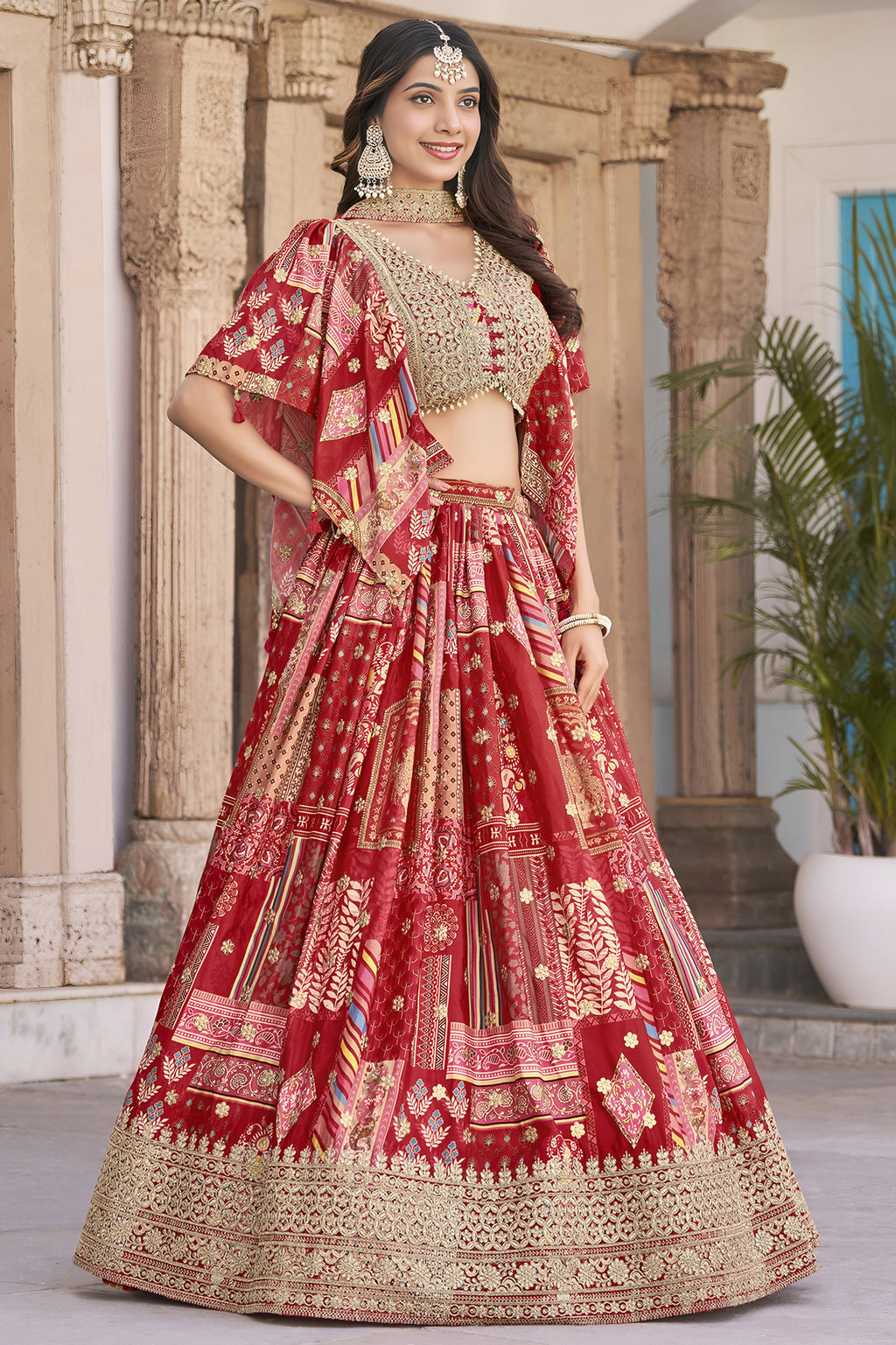 Red Chinon Silk Lehenga Choli For Indian & Pakistani Wedding Festival - Print Work, Dori Work, Zari Work