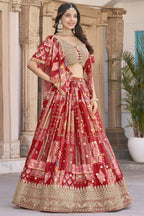 Red Chinon Silk Lehenga Choli For Indian & Pakistani Wedding Festival - Print Work, Dori Work, Zari Work