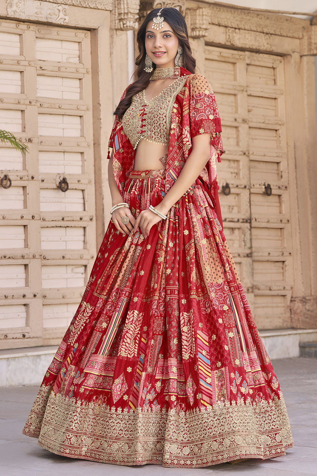 Red Chinon Silk Lehenga Choli For Indian & Pakistani Wedding Festival - Print Work, Dori Work, Zari Work