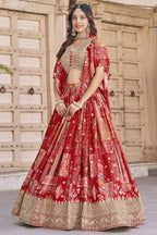 Red Chinon Silk Lehenga Choli For Indian & Pakistani Wedding Festival - Print Work, Dori Work, Zari Work