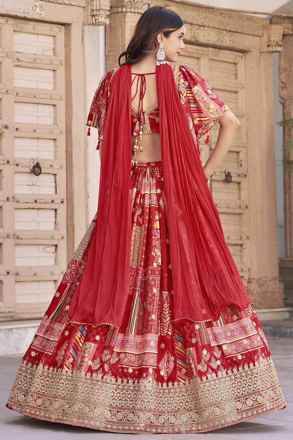 Red Chinon Silk Lehenga Choli For Indian & Pakistani Wedding Festival - Print Work, Dori Work, Zari Work