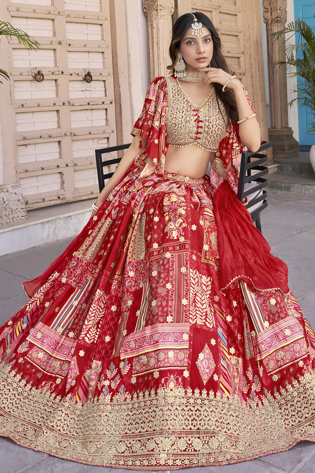 Red Chinon Silk Lehenga Choli For Indian & Pakistani Wedding Festival - Print Work, Dori Work, Zari Work