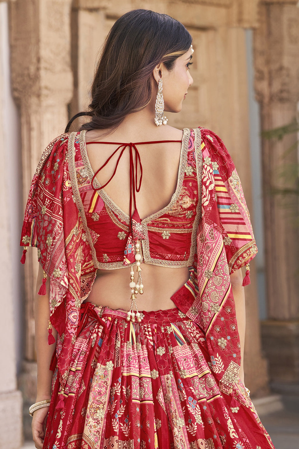 Red Chinon Silk Lehenga Choli For Indian & Pakistani Wedding Festival - Print Work, Dori Work, Zari Work