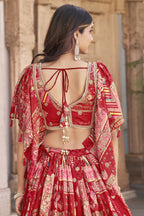 Red Chinon Silk Lehenga Choli For Indian & Pakistani Wedding Festival - Print Work, Dori Work, Zari Work