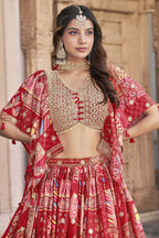 Red Chinon Silk Lehenga Choli For Indian & Pakistani Wedding Festival - Print Work, Dori Work, Zari Work