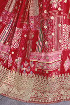 Red Chinon Silk Lehenga Choli For Indian & Pakistani Wedding Festival - Print Work, Dori Work, Zari Work
