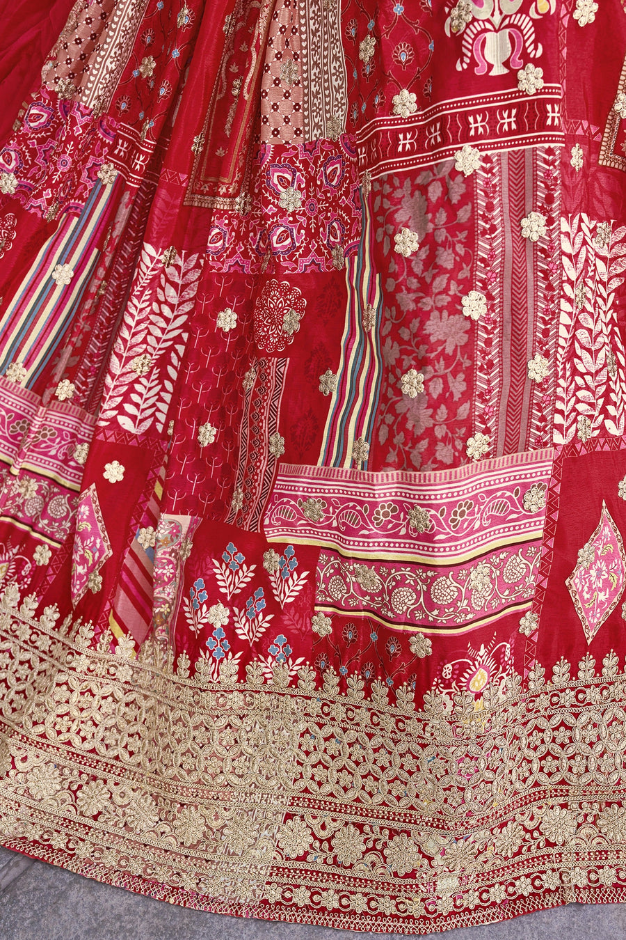 Red Chinon Silk Lehenga Choli For Indian & Pakistani Wedding Festival - Print Work, Dori Work, Zari Work