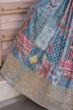 Sky Blue Chinon Silk Lehenga Choli For Indian & Pakistani Wedding Festival - Print Work, Dori Work, Zari Work