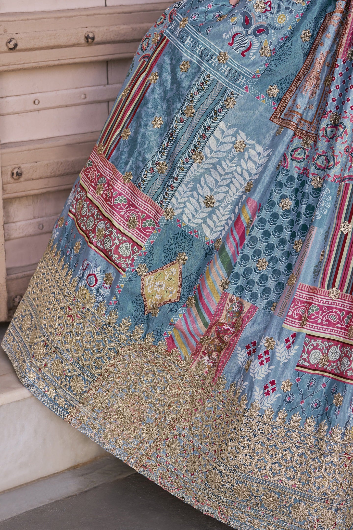Sky Blue Chinon Silk Lehenga Choli For Indian & Pakistani Wedding Festival - Print Work, Dori Work, Zari Work