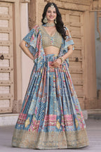 Sky Blue Chinon Silk Lehenga Choli For Indian & Pakistani Wedding Festival - Print Work, Dori Work, Zari Work