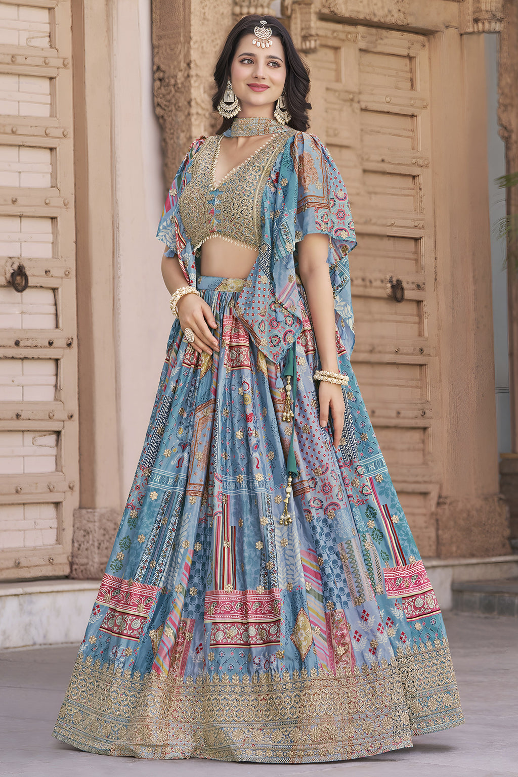 Sky Blue Chinon Silk Lehenga Choli For Indian & Pakistani Wedding Festival - Print Work, Dori Work, Zari Work