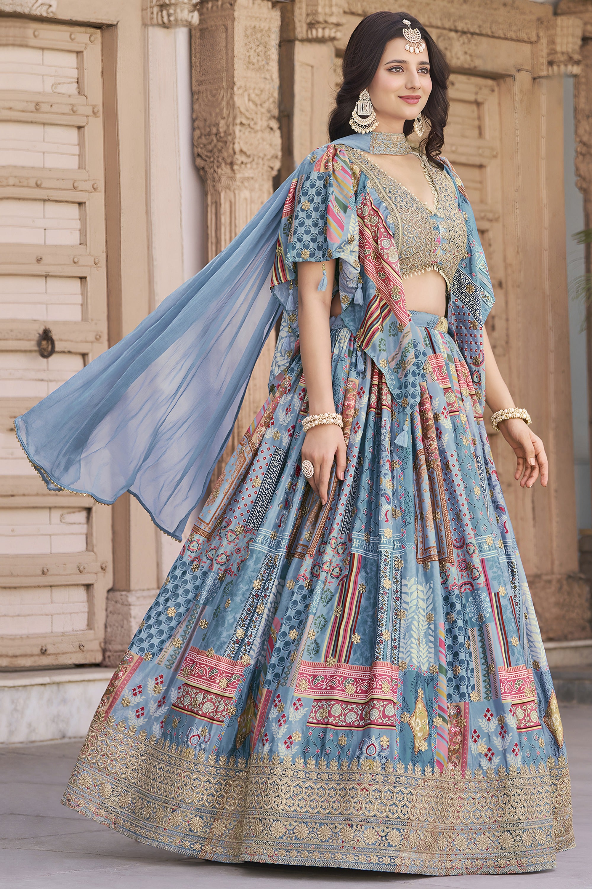 Sky Blue Chinon Silk Lehenga Choli For Indian & Pakistani Wedding Festival - Print Work, Dori Work, Zari Work