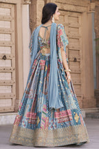 Sky Blue Chinon Silk Lehenga Choli For Indian & Pakistani Wedding Festival - Print Work, Dori Work, Zari Work