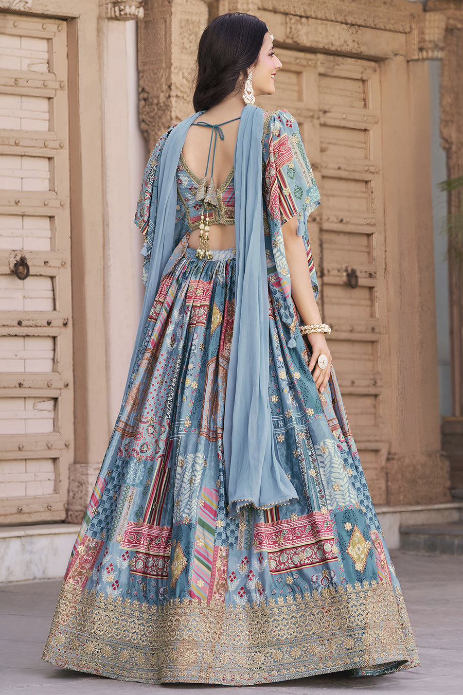 Sky Blue Chinon Silk Lehenga Choli For Indian & Pakistani Wedding Festival - Print Work, Dori Work, Zari Work