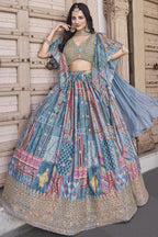 Sky Blue Chinon Silk Lehenga Choli For Indian & Pakistani Wedding Festival - Print Work, Dori Work, Zari Work