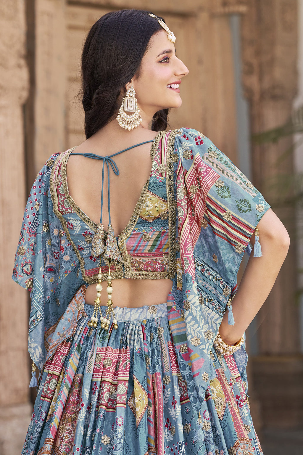 Sky Blue Chinon Silk Lehenga Choli For Indian & Pakistani Wedding Festival - Print Work, Dori Work, Zari Work