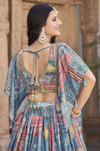 Sky Blue Chinon Silk Lehenga Choli For Indian & Pakistani Wedding Festival - Print Work, Dori Work, Zari Work
