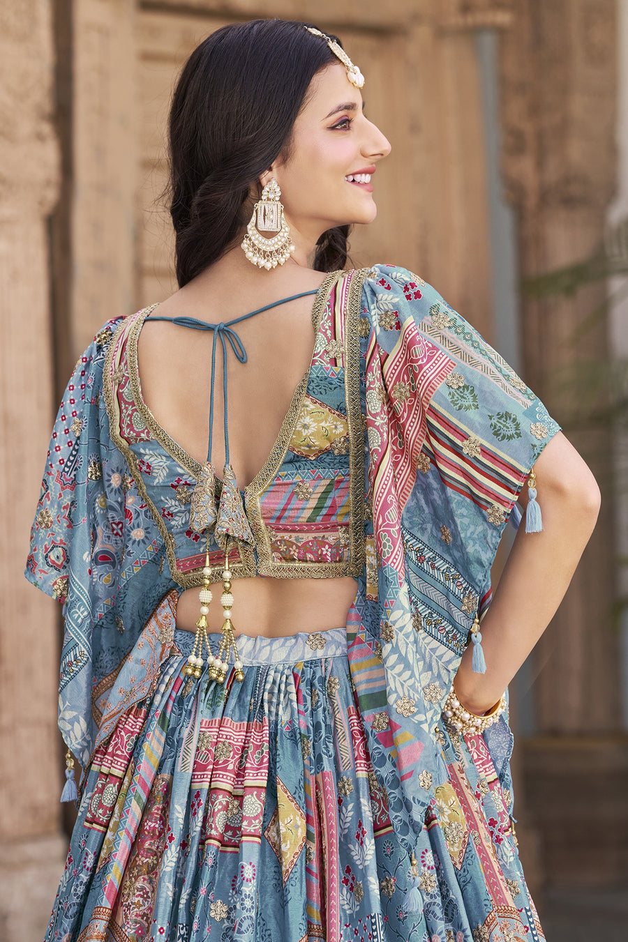 Sky Blue Chinon Silk Lehenga Choli For Indian & Pakistani Wedding Festival - Print Work, Dori Work, Zari Work