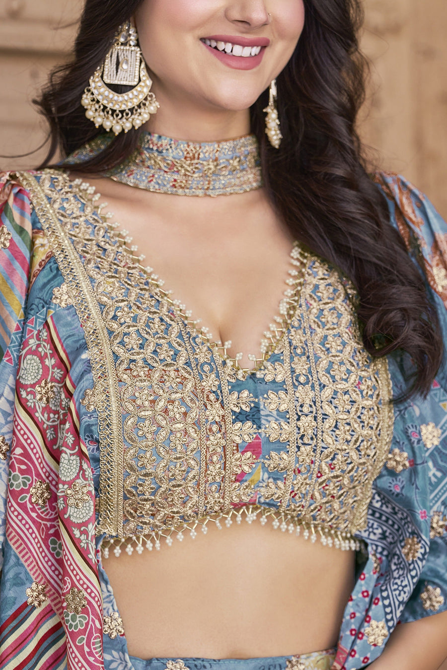 Sky Blue Chinon Silk Lehenga Choli For Indian & Pakistani Wedding Festival - Print Work, Dori Work, Zari Work