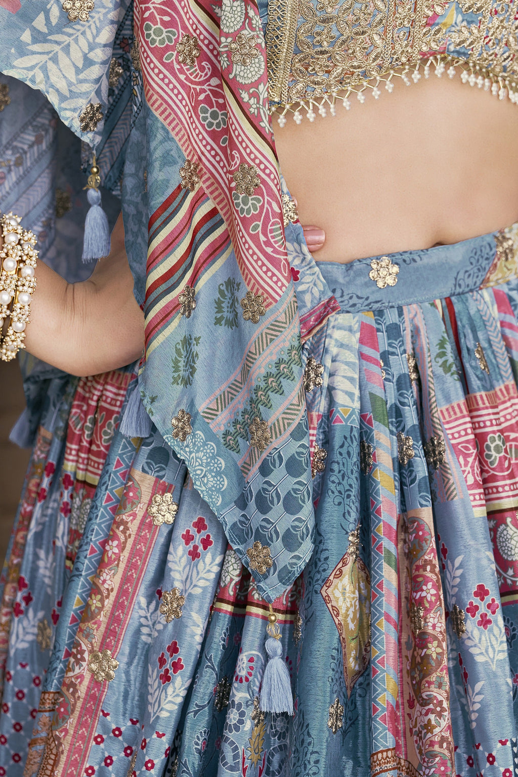 Sky Blue Chinon Silk Lehenga Choli For Indian & Pakistani Wedding Festival - Print Work, Dori Work, Zari Work