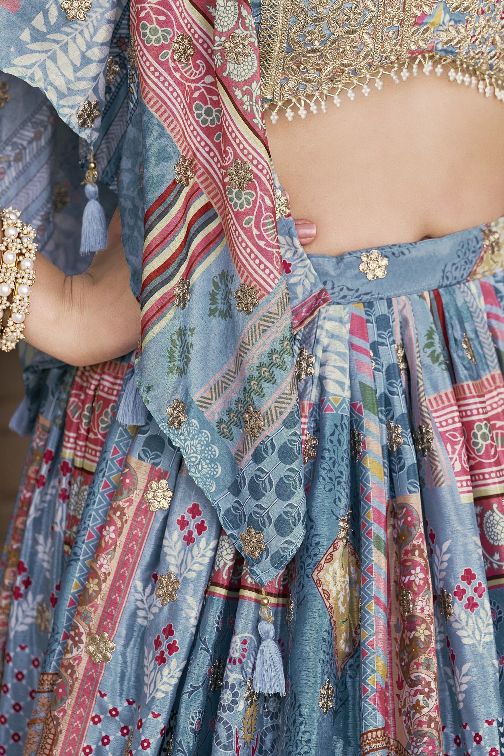 Sky Blue Chinon Silk Lehenga Choli For Indian & Pakistani Wedding Festival - Print Work, Dori Work, Zari Work