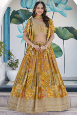 Mustard Yellow Chinon Silk Lehenga Choli For Indian & Pakistani Wedding Festival - Print Work, Dori Work, Zari Work