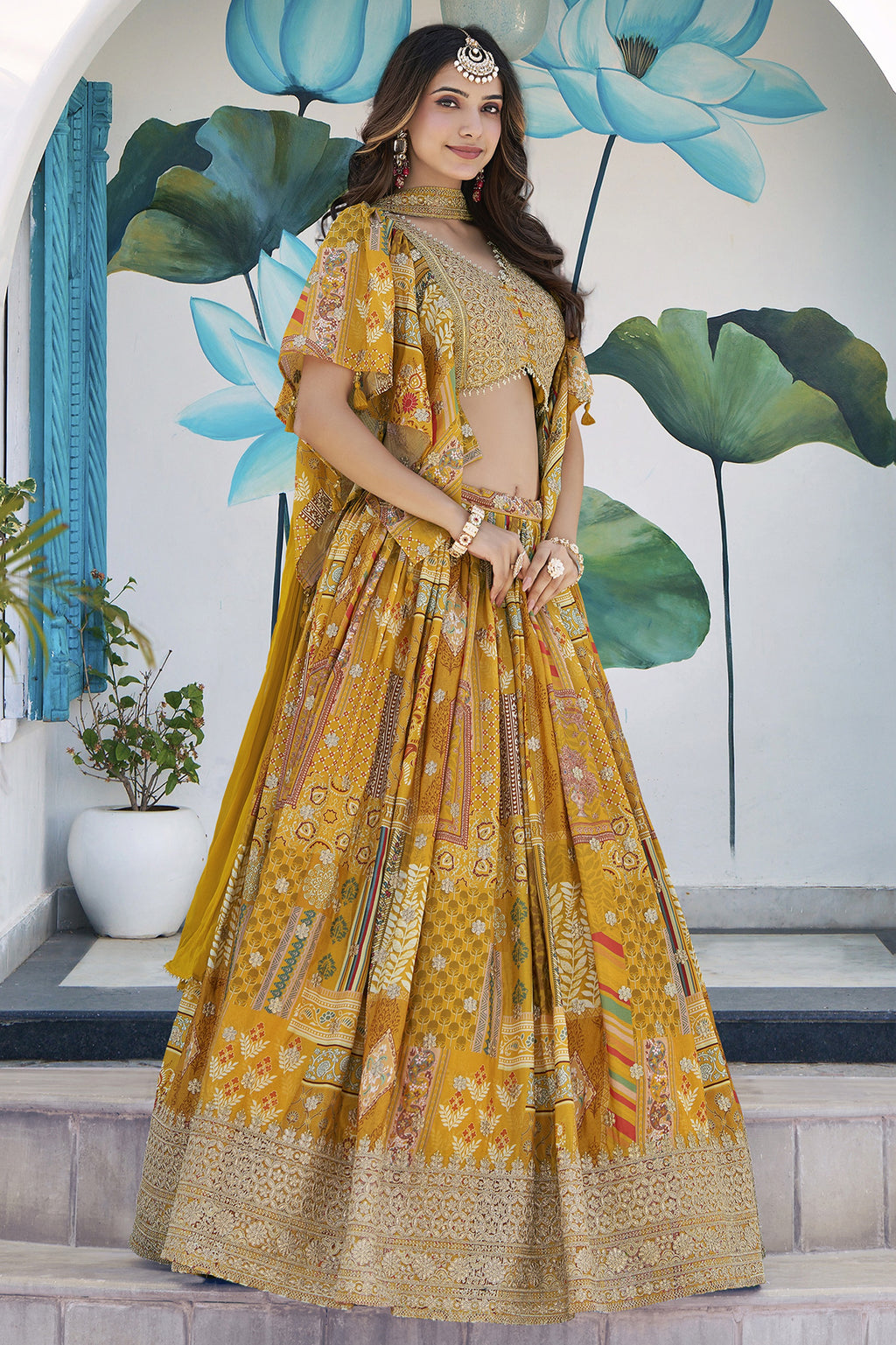 Mustard Yellow Chinon Silk Lehenga Choli For Indian & Pakistani Wedding Festival - Print Work, Dori Work, Zari Work