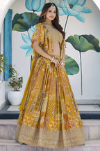 Mustard Yellow Chinon Silk Lehenga Choli For Indian & Pakistani Wedding Festival - Print Work, Dori Work, Zari Work