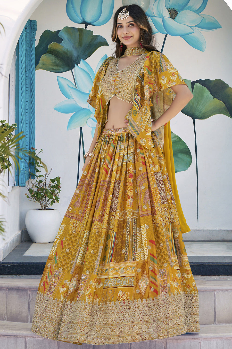 Mustard Yellow Chinon Silk Lehenga Choli For Indian & Pakistani Wedding Festival - Print Work, Dori Work, Zari Work