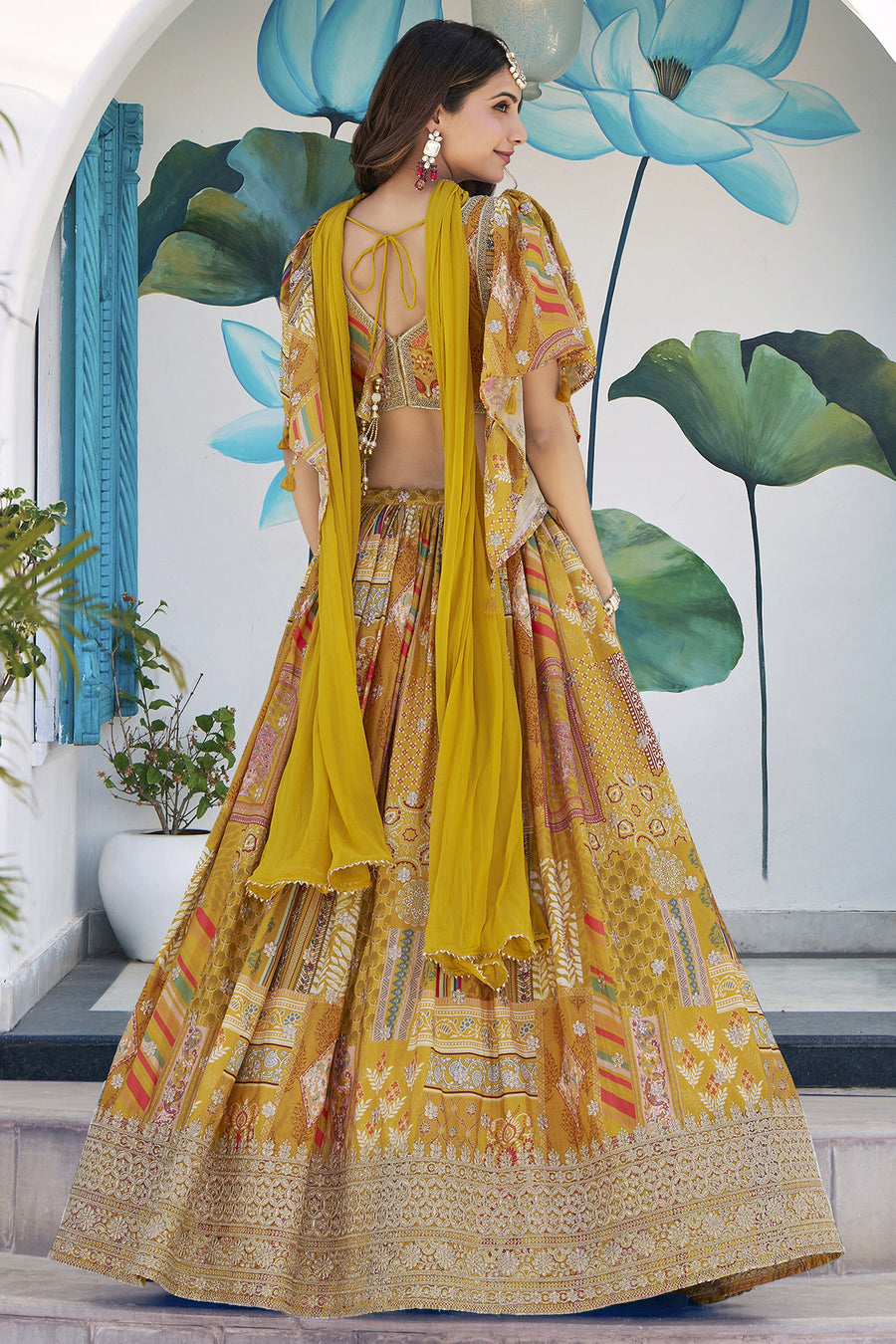 Mustard Yellow Chinon Silk Lehenga Choli For Indian & Pakistani Wedding Festival - Print Work, Dori Work, Zari Work