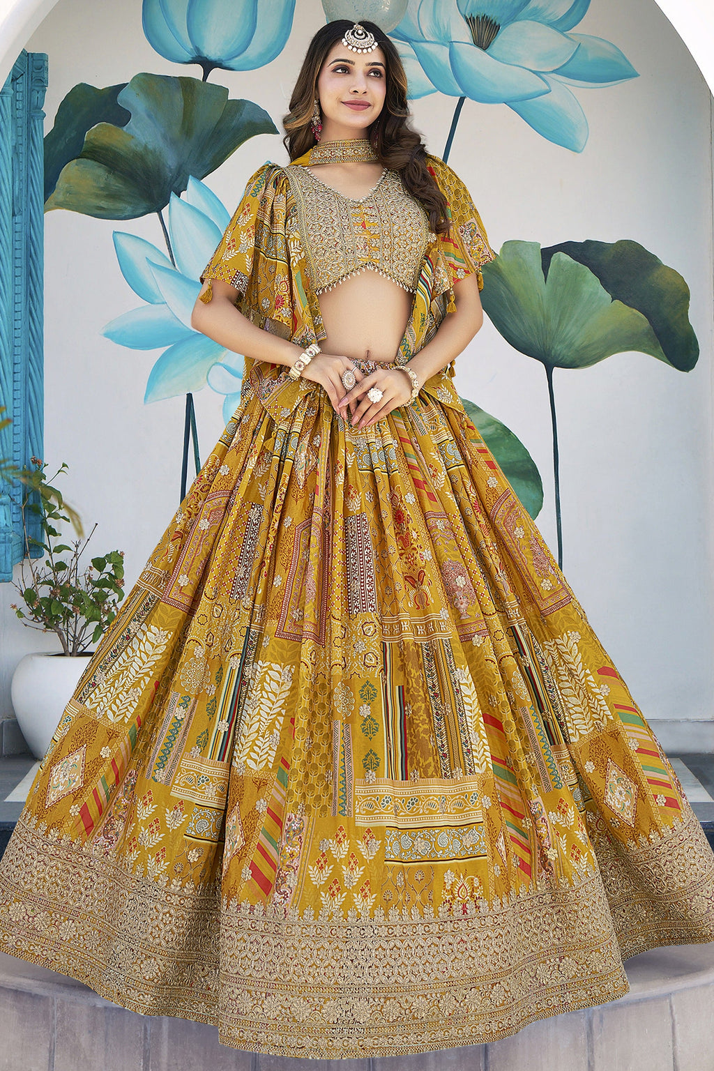 Mustard Yellow Chinon Silk Lehenga Choli For Indian & Pakistani Wedding Festival - Print Work, Dori Work, Zari Work