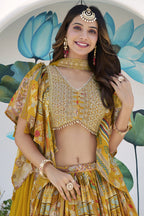 Mustard Yellow Chinon Silk Lehenga Choli For Indian & Pakistani Wedding Festival - Print Work, Dori Work, Zari Work