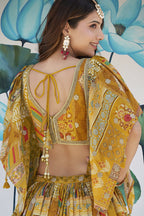 Mustard Yellow Chinon Silk Lehenga Choli For Indian & Pakistani Wedding Festival - Print Work, Dori Work, Zari Work