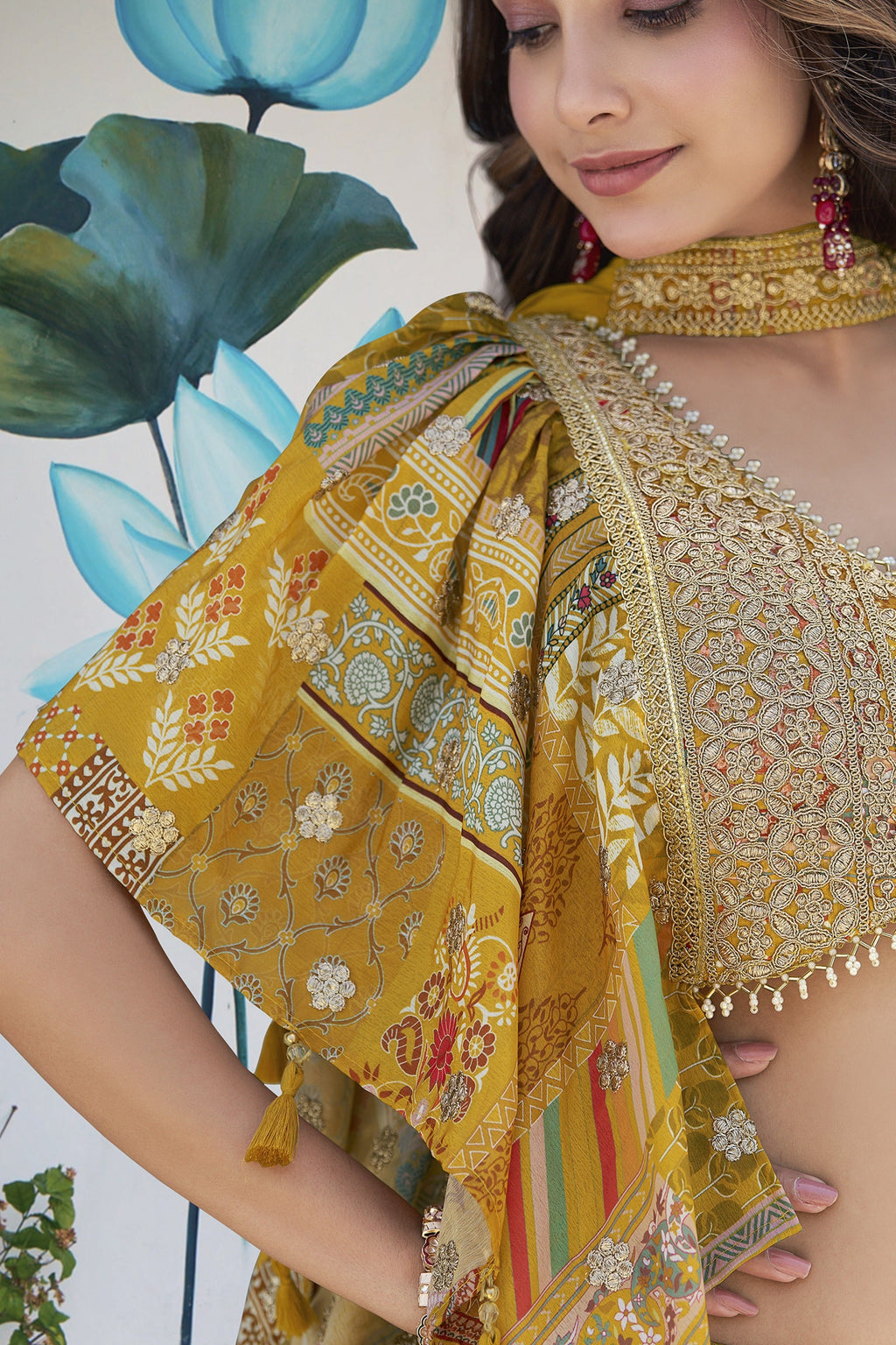 Mustard Yellow Chinon Silk Lehenga Choli For Indian & Pakistani Wedding Festival - Print Work, Dori Work, Zari Work