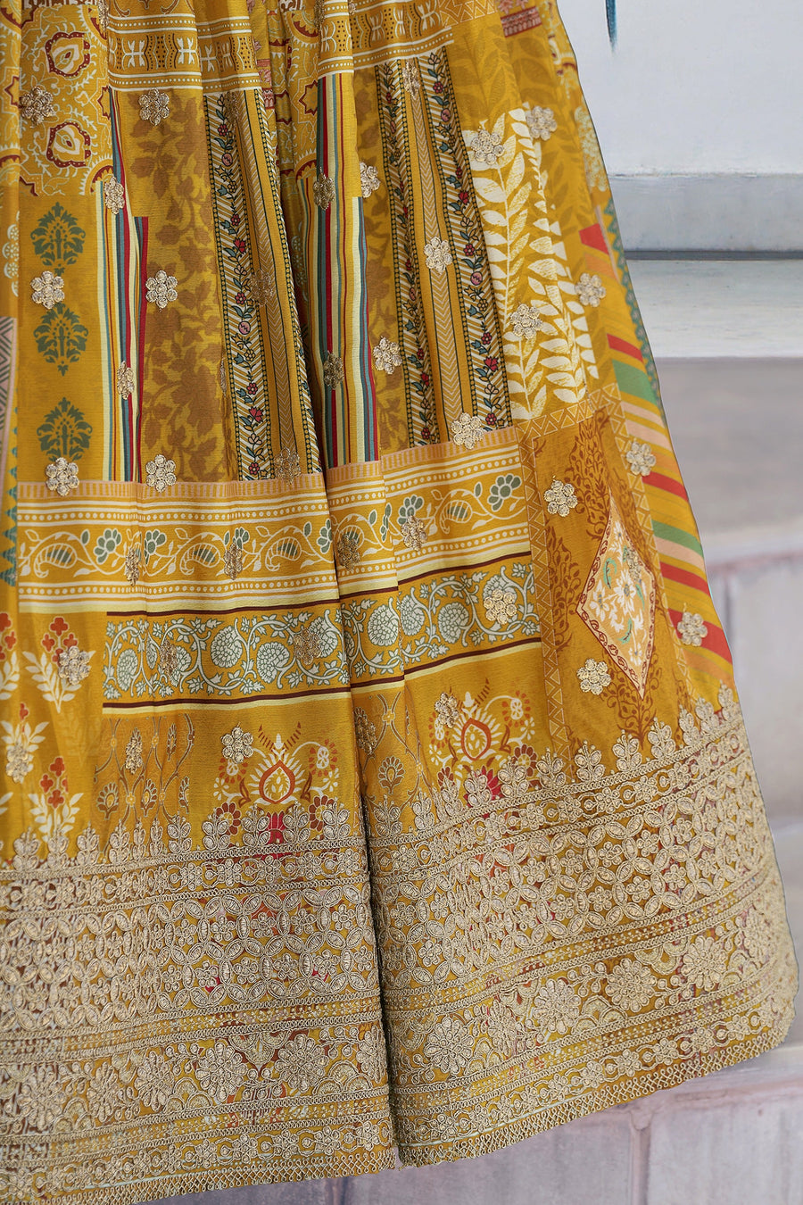 Mustard Yellow Chinon Silk Lehenga Choli For Indian & Pakistani Wedding Festival - Print Work, Dori Work, Zari Work