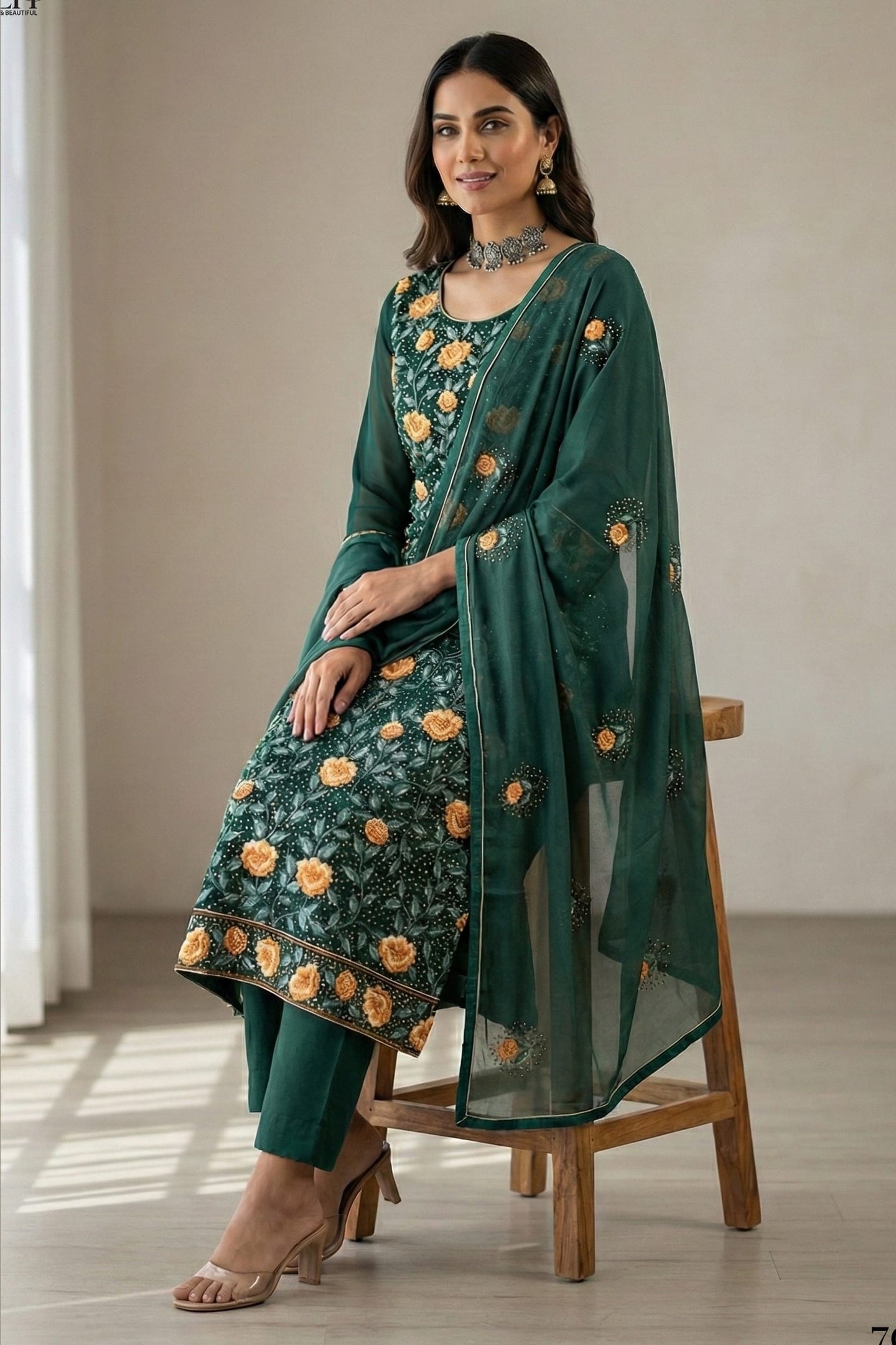 Dark Green Georgette Kameez With Pant For Indian & Pakistani Wedding Festival - Thread & Sequins Embroidery Work