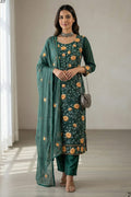 Dark Green Georgette Kameez With Pant For Indian & Pakistani Wedding Festival - Thread & Sequins Embroidery Work