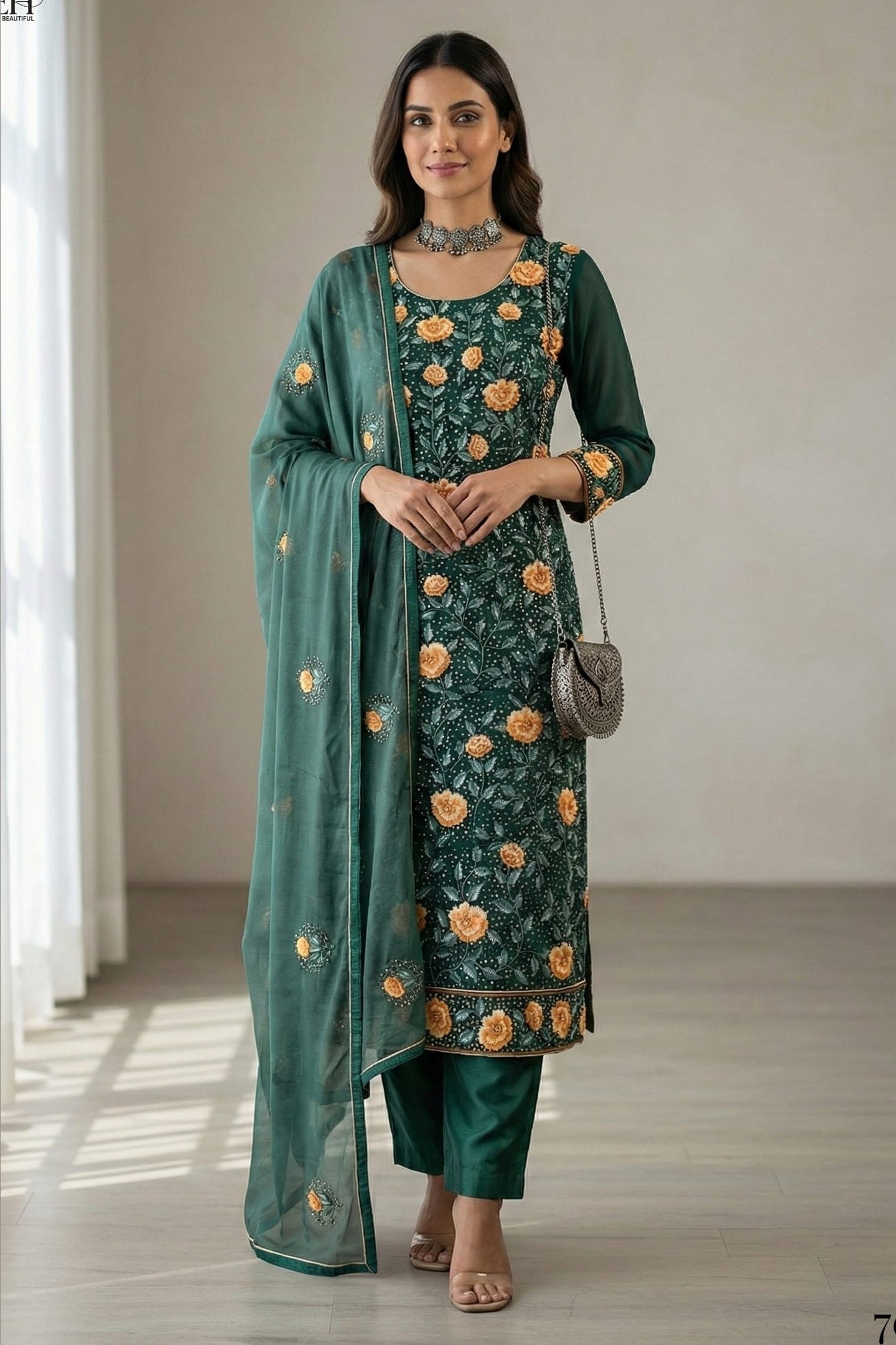 Dark Green Georgette Kameez With Pant For Indian & Pakistani Wedding Festival - Thread & Sequins Embroidery Work