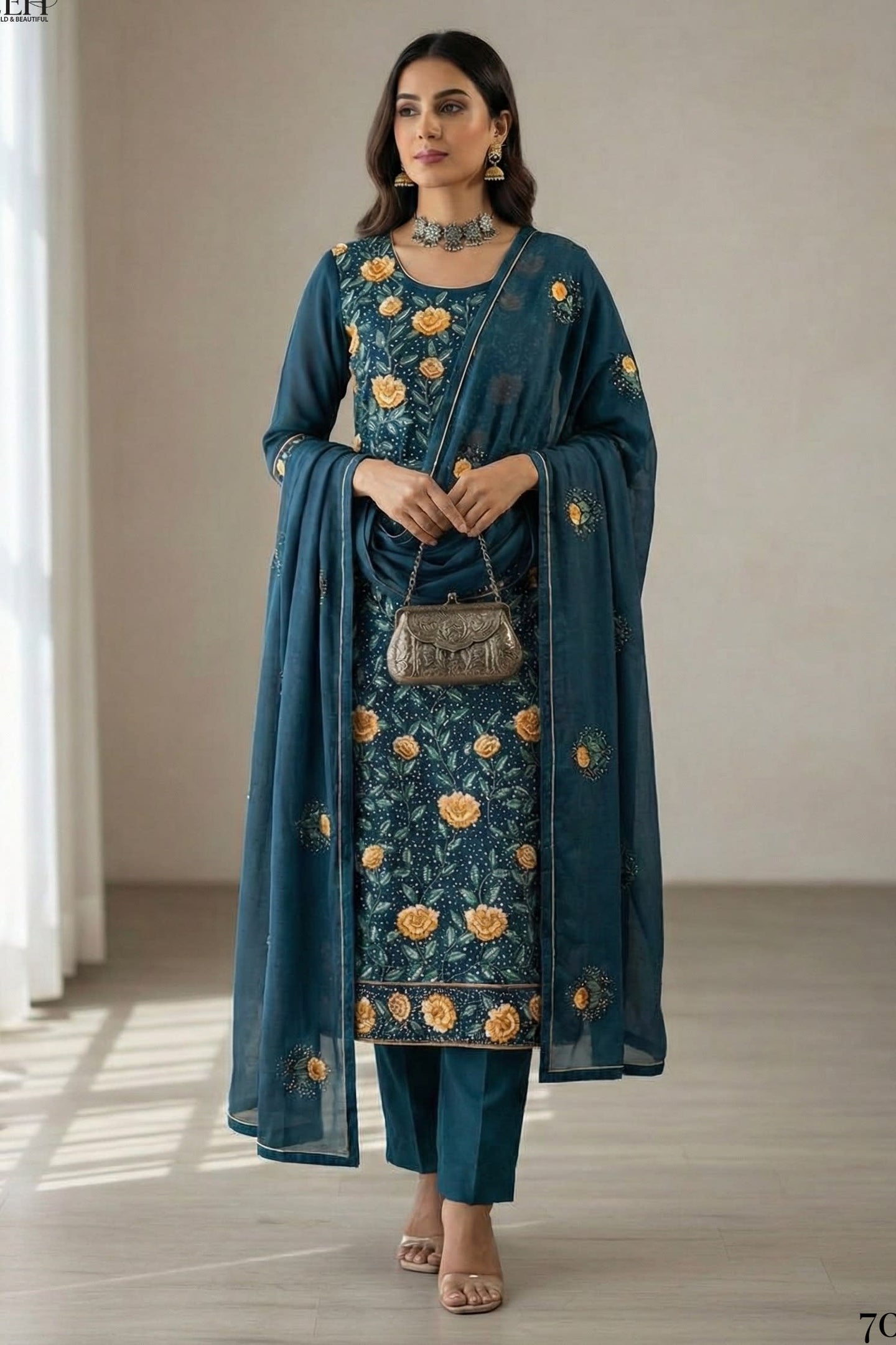 Teal Green  Georgette Kameez With Pant For Indian & Pakistani Wedding Festival - Thread & Sequins Embroidery Work