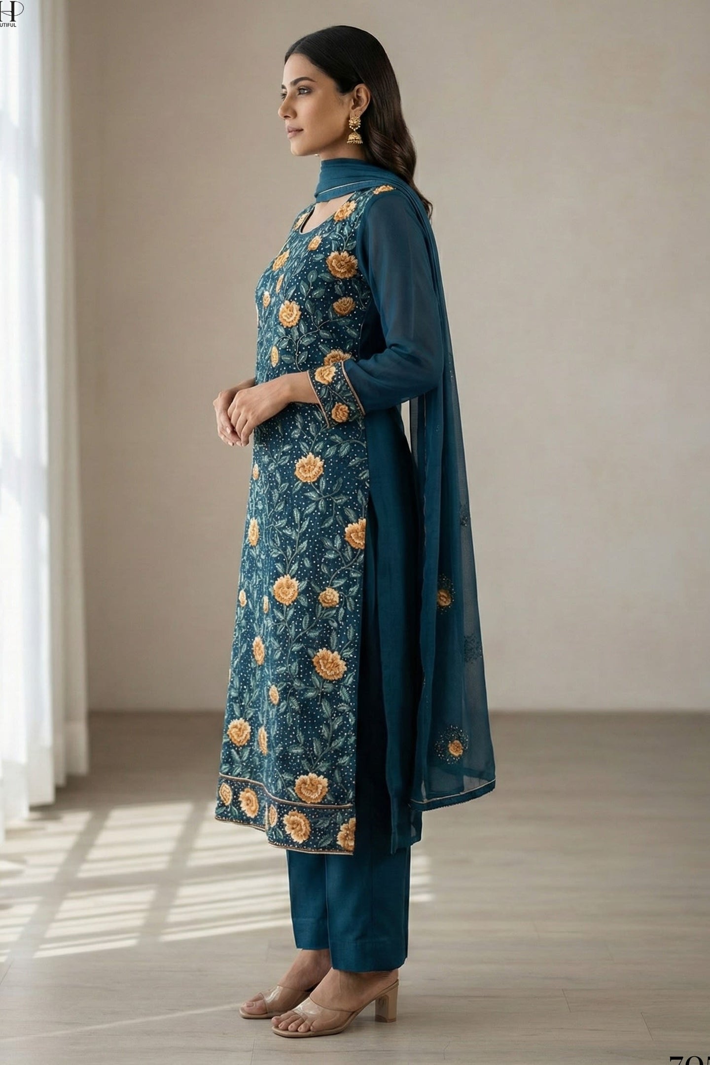 Teal Green  Georgette Kameez With Pant For Indian & Pakistani Wedding Festival - Thread & Sequins Embroidery Work