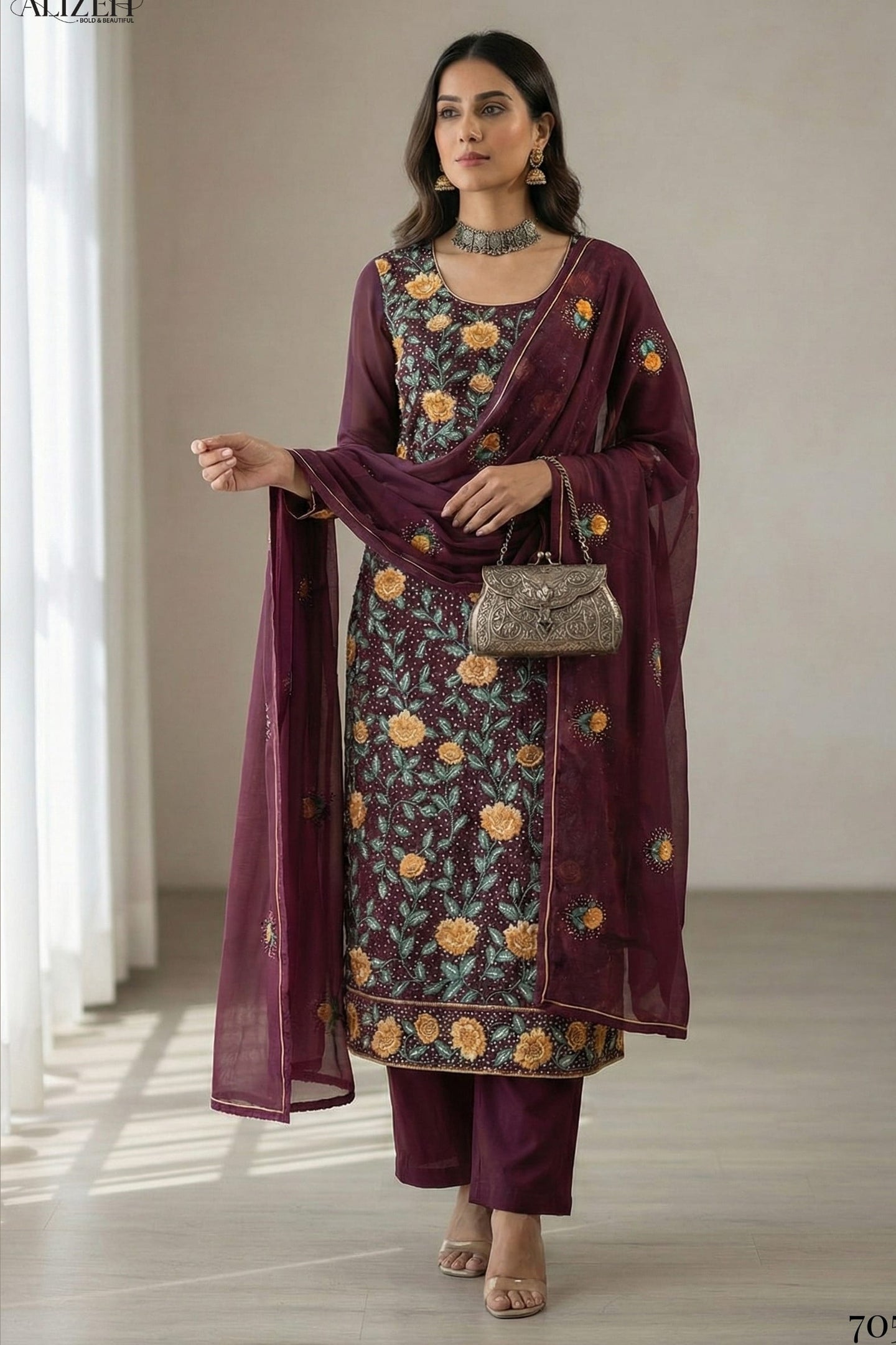 Wine Georgette Kameez With Pant For Indian & Pakistani Wedding Festival - Thread & Sequins Embroidery Work