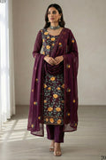 Wine Georgette Kameez With Pant For Indian & Pakistani Wedding Festival - Thread & Sequins Embroidery Work