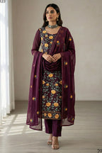 Wine Georgette Kameez With Pant For Indian & Pakistani Wedding Festival - Thread & Sequins Embroidery Work