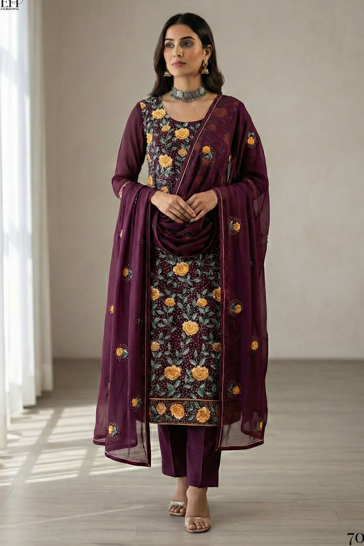 Wine Georgette Kameez With Pant For Indian & Pakistani Wedding Festival - Thread & Sequins Embroidery Work