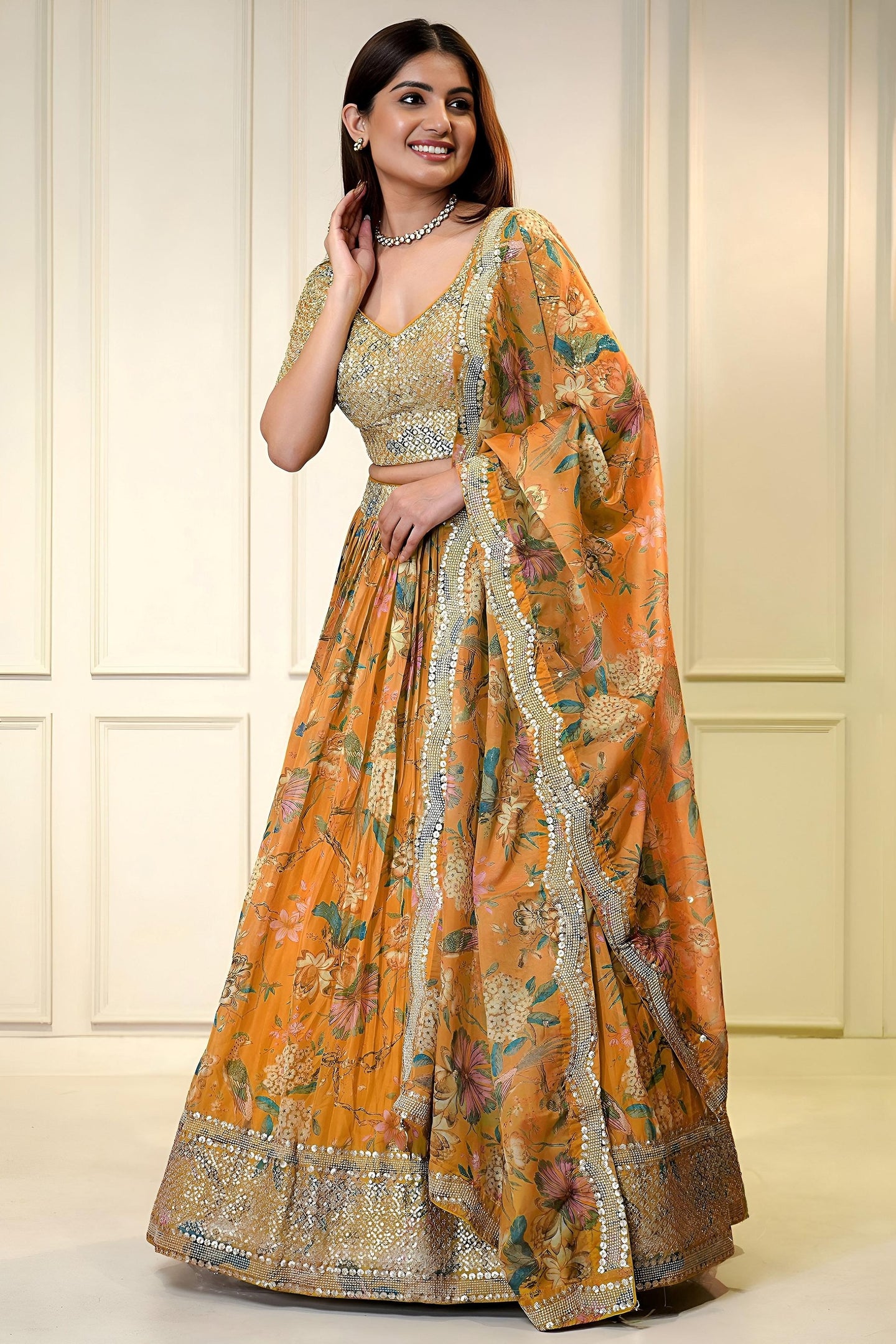 Orange Organza Silk Flower Printed Lehenga Choli For Indian & Pakistani Wedding Festival - Sequins & Thread Embroidery Work, Zari Work, Print Work