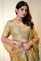Orange Organza Silk Flower Printed Lehenga Choli For Indian & Pakistani Wedding Festival - Sequins & Thread Embroidery Work, Zari Work, Print Work