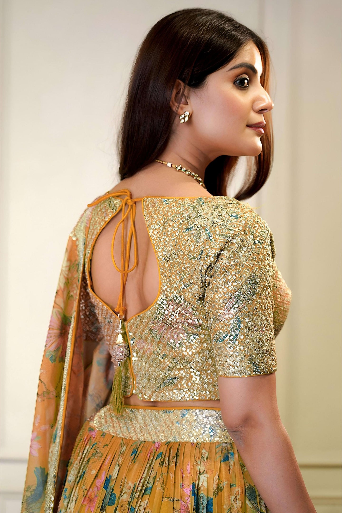 Orange Organza Silk Flower Printed Lehenga Choli For Indian & Pakistani Wedding Festival - Sequins & Thread Embroidery Work, Zari Work, Print Work