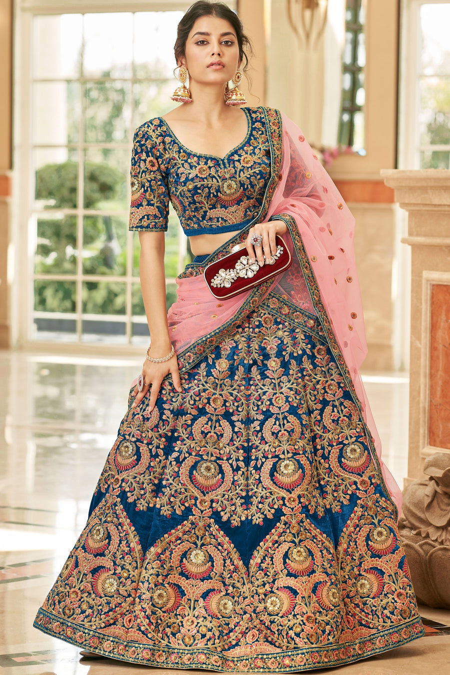 Blue Velvet Lehenga Choli with Dori and Zari Work