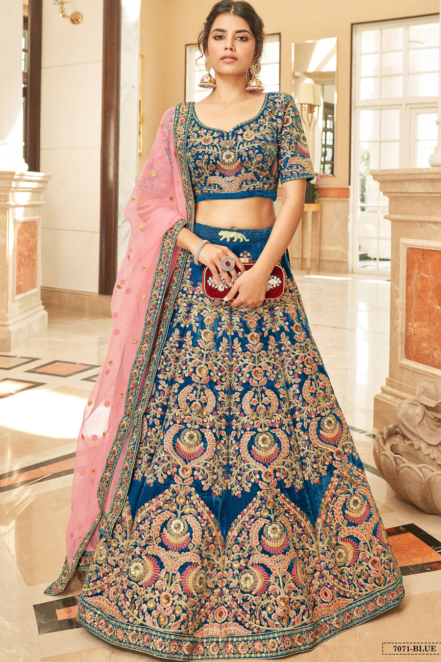Blue Velvet Lehenga Choli with Dori and Zari Work